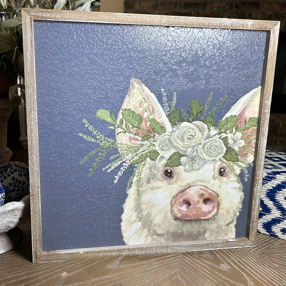 NEW! Cottage Farmhouse Rustic Wood Frame Farm Pig Glitter Floral Rose Crown Art - Picture 5 of 9